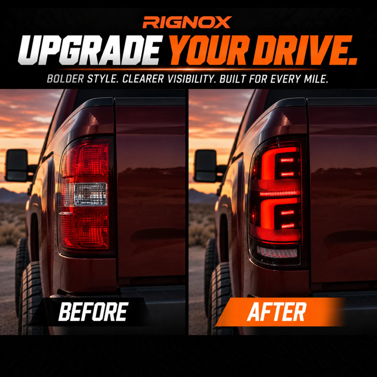 2007-2013 GMC Sierra 1500 & 2007-2014 Sierra 2500HD/3500HD (GMT900) LED Tail Lights Assembly — Pair — Before and After Comparison — T-SRA07-SR