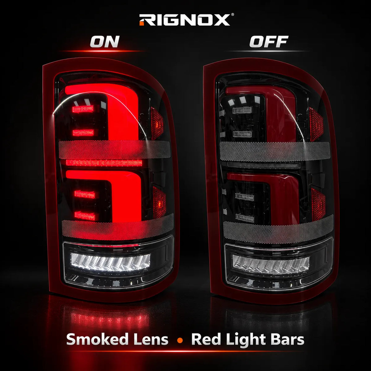 2007-2013 GMC Sierra 1500 & 2007-2014 Sierra 2500HD/3500HD (GMT900) LED Tail Lights Assembly — Pair — Lights On and Off Comparison — T-SRA07-SR