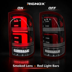 2007-2013 GMC Sierra 1500 & 2007-2014 Sierra 2500HD/3500HD (GMT900) LED Tail Lights Assembly — Pair — Lights On and Off Comparison — T-SRA07-SR