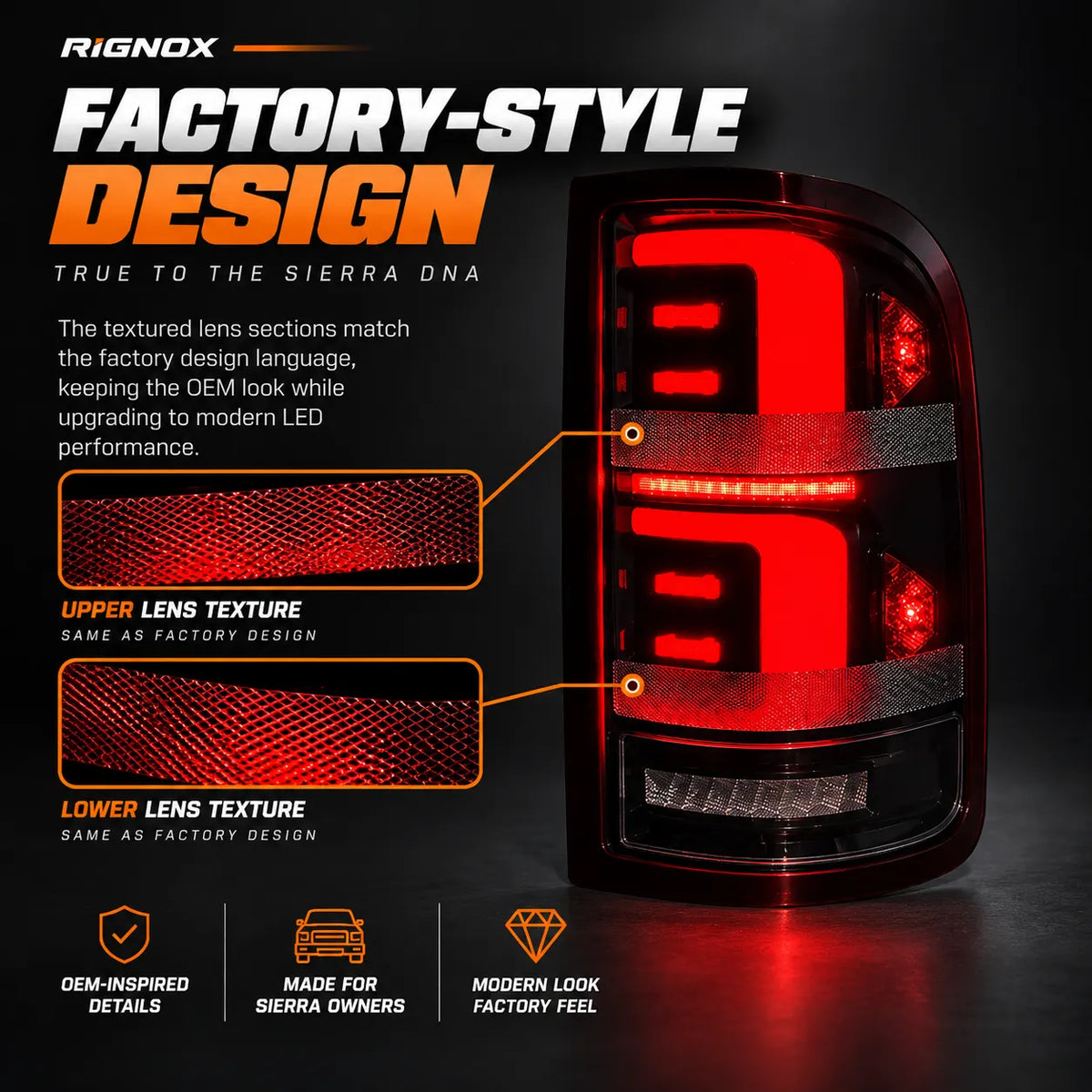 2007-2013 GMC Sierra 1500 & 2007-2014 Sierra 2500HD/3500HD (GMT900) LED Tail Lights Assembly — Pair — OEM-Inspired Lens Details — T-SRA07-SR