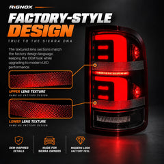 2007-2013 GMC Sierra 1500 & 2007-2014 Sierra 2500HD/3500HD (GMT900) LED Tail Lights Assembly — Pair — OEM-Inspired Lens Details — T-SRA07-SR