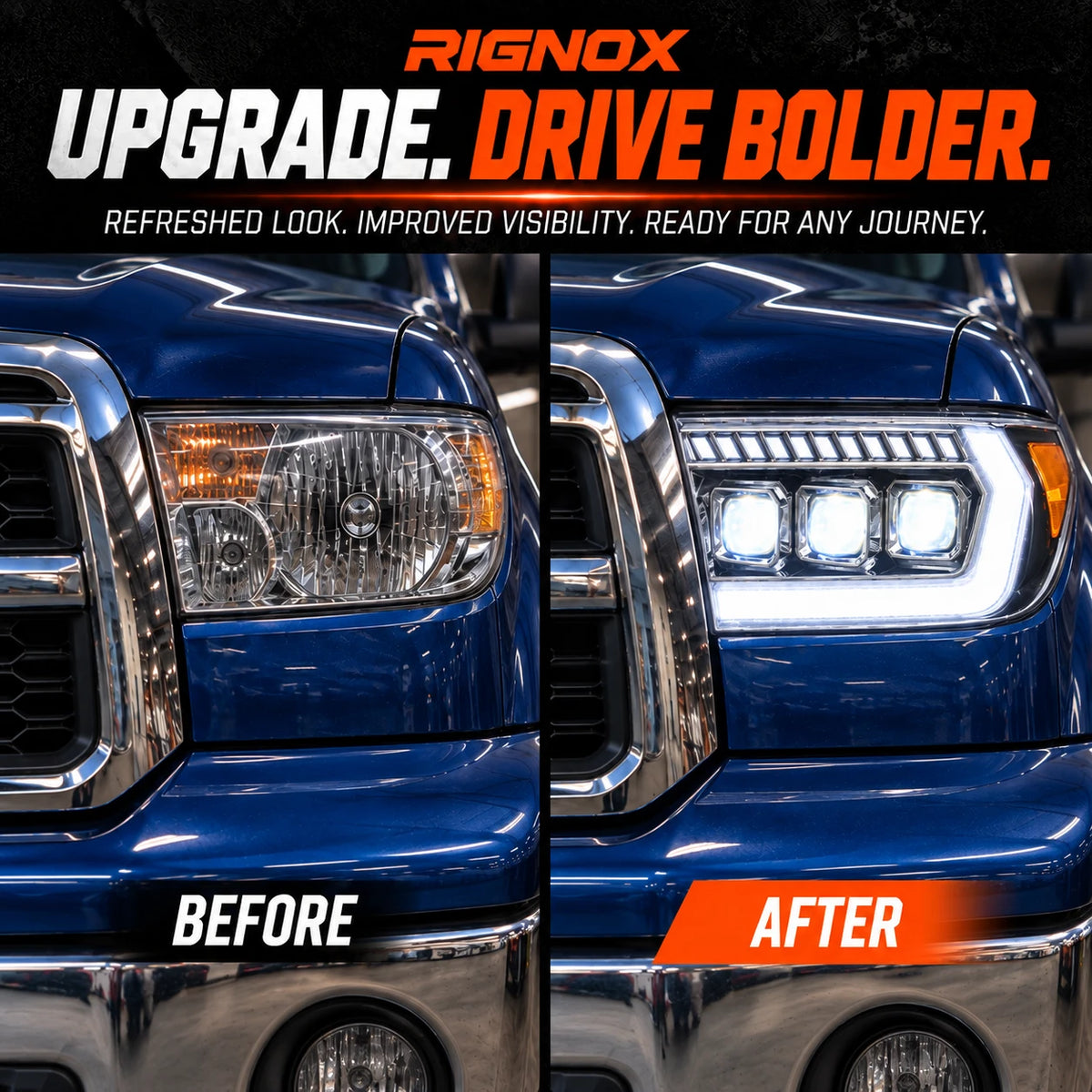 2007-2013 Toyota Tundra & 2008-2017 Sequoia LED Triple Projector Headlights — before and after upgrade — H-TUN07-3P