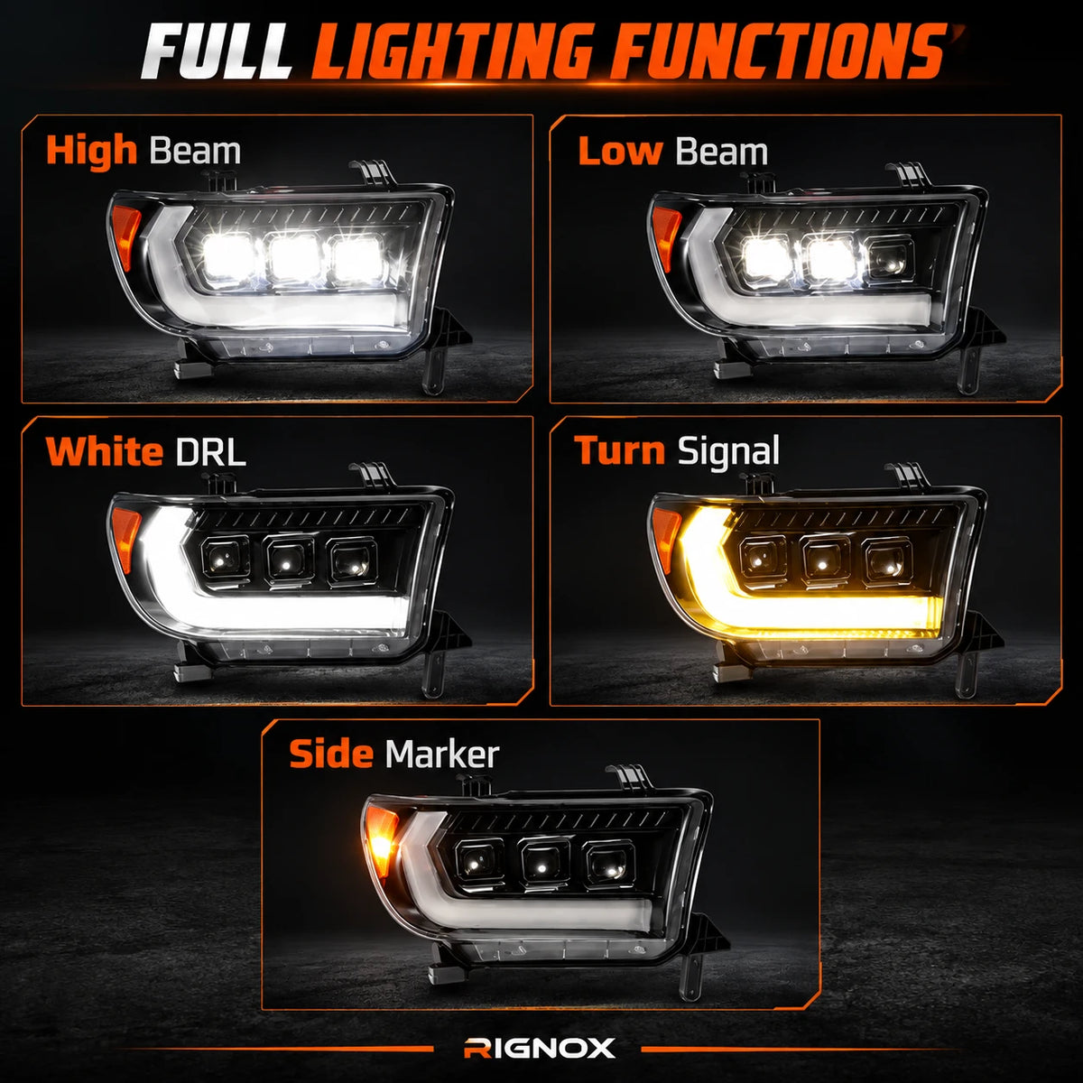2007-2013 Toyota Tundra & 2008-2017 Sequoia LED Triple Projector Headlights — full lighting functions — H-TUN07-3P