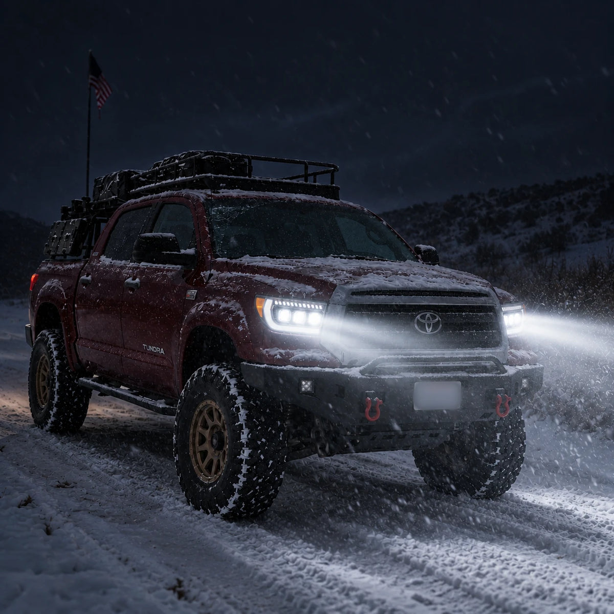 2007-2013 Toyota Tundra & 2008-2017 Sequoia LED Triple Projector Headlights — night beam installed view — H-TUN07-3P
