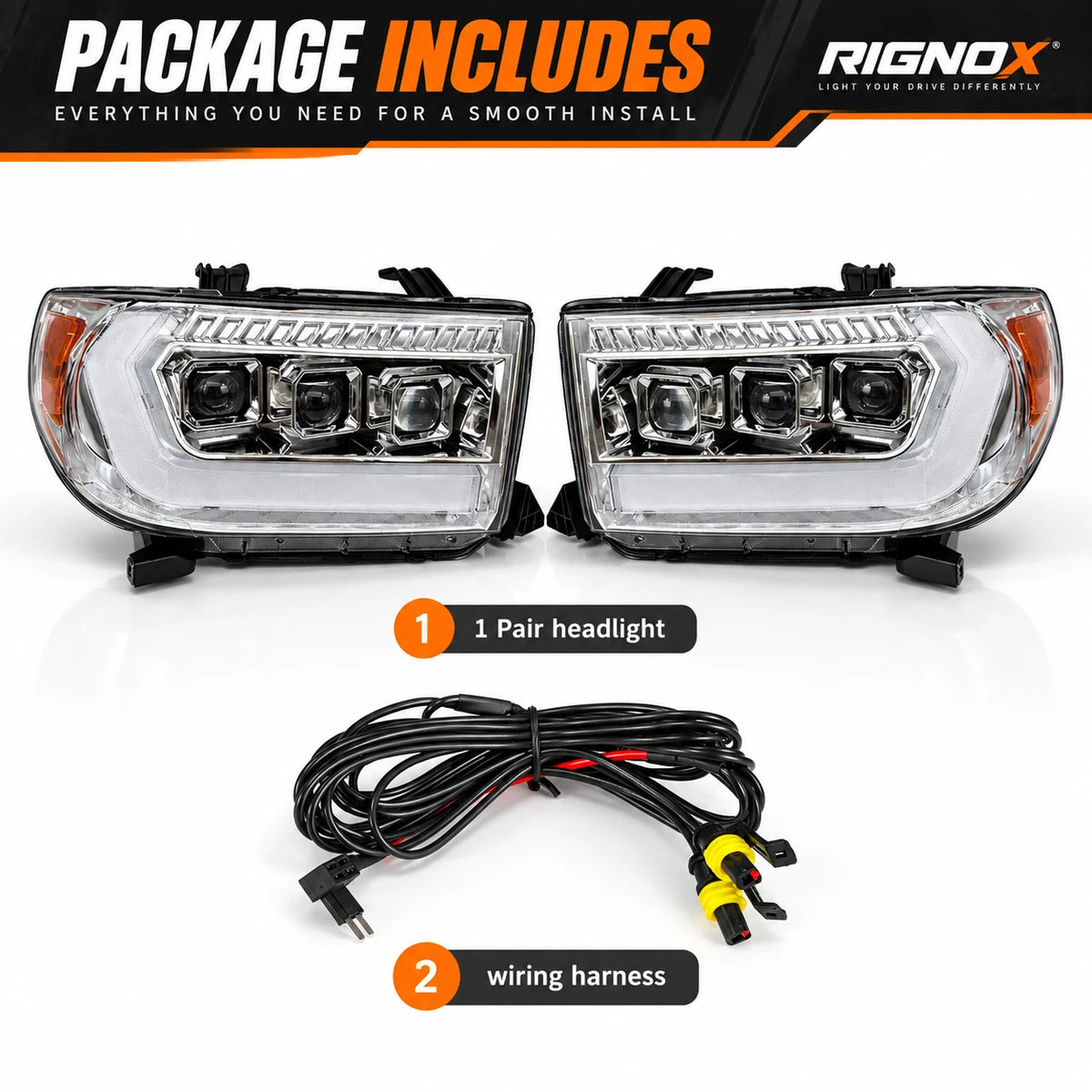 2007-2013 Toyota Tundra & 2008-2017 Sequoia LED Triple Projector Headlights — package includes — H-TUN07-3P