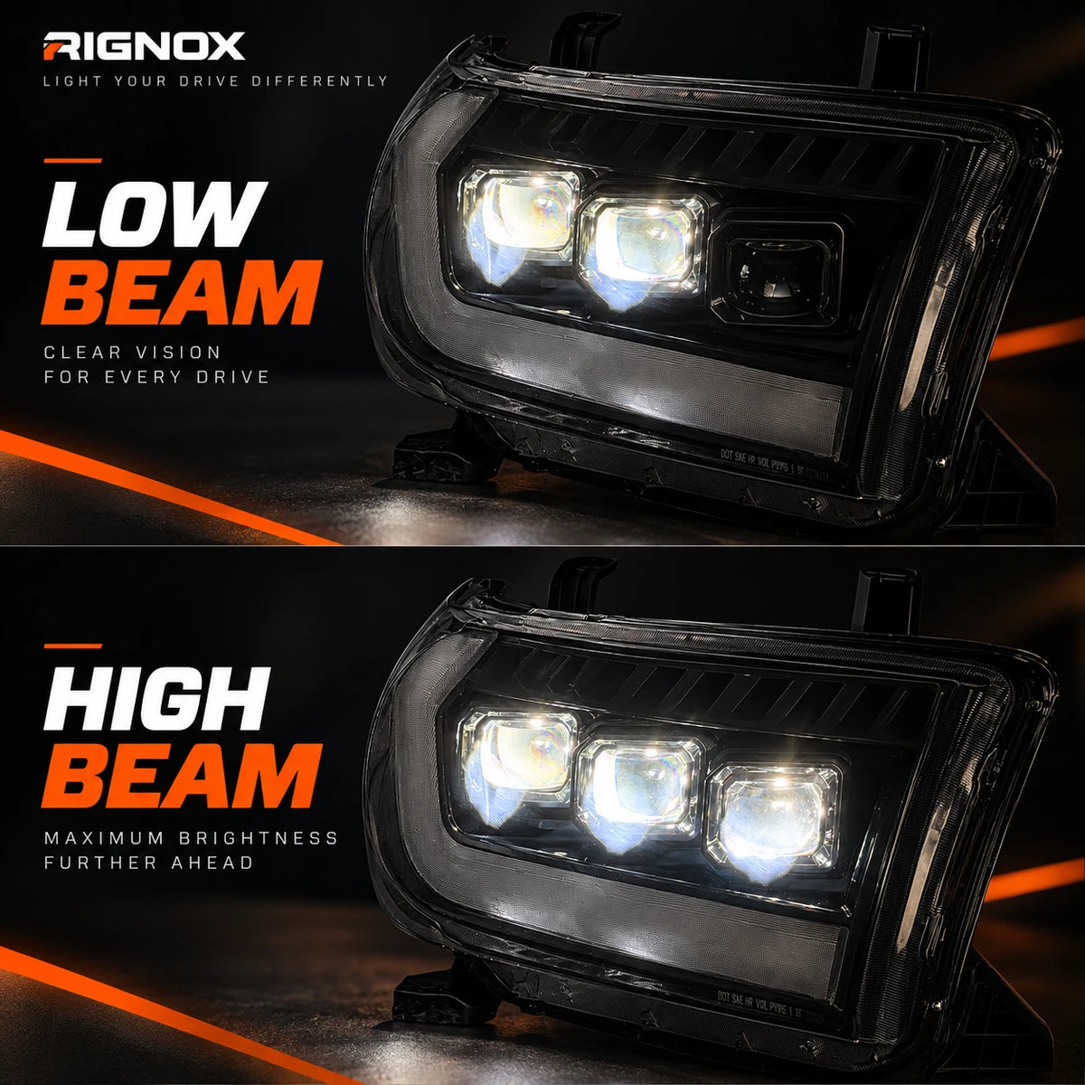 2007-2013 Toyota Tundra & 2008-2017 Sequoia LED Triple Projector Headlights — low beam and high beam comparison — H-TUN07-3P