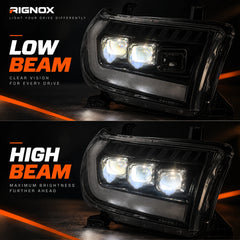 2007-2013 Toyota Tundra & 2008-2017 Sequoia LED Triple Projector Headlights — low beam and high beam comparison — H-TUN07-3P