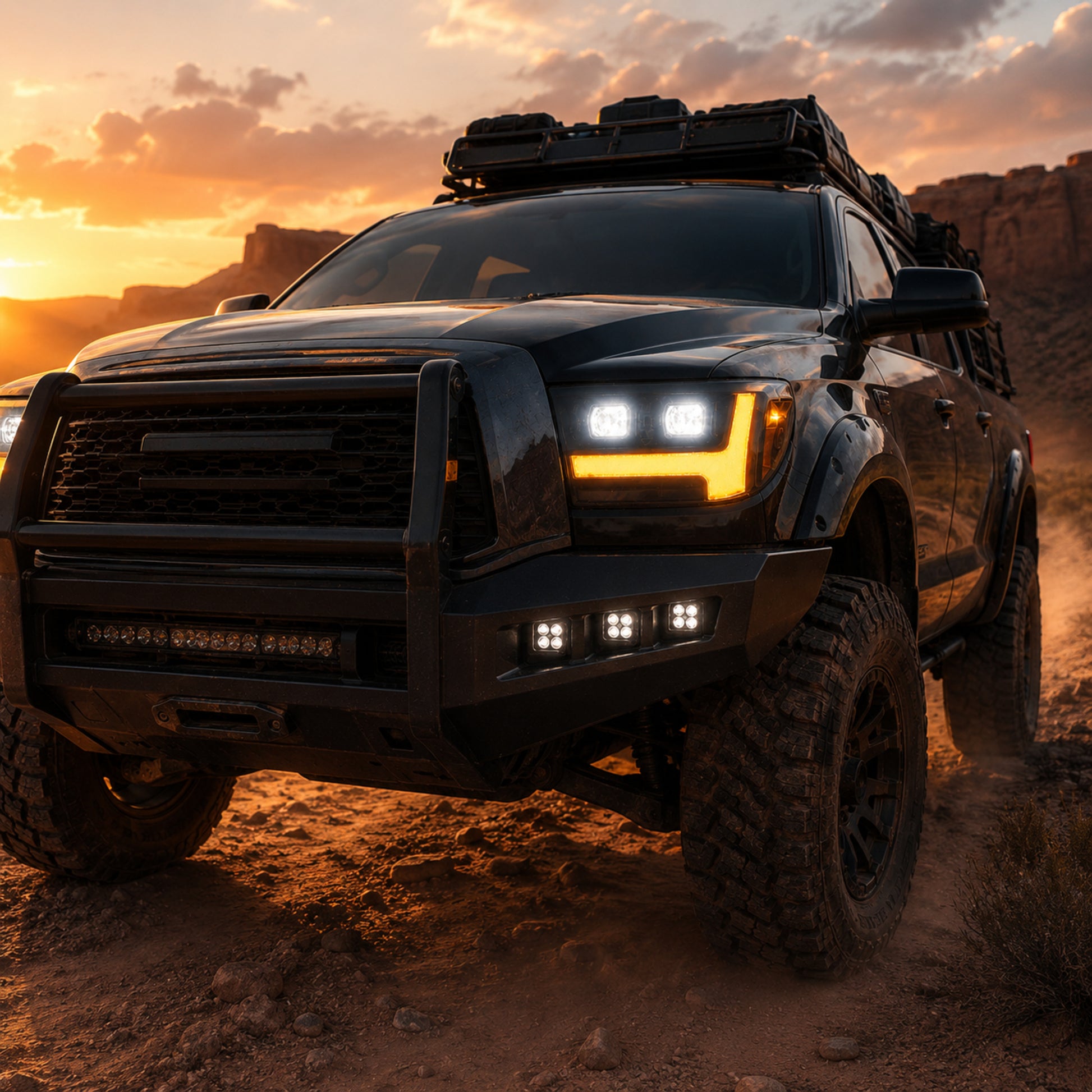 2007-2013 Toyota Tundra LED Dual Projector Headlights — black housing amber drlscene01 — H-TUN07