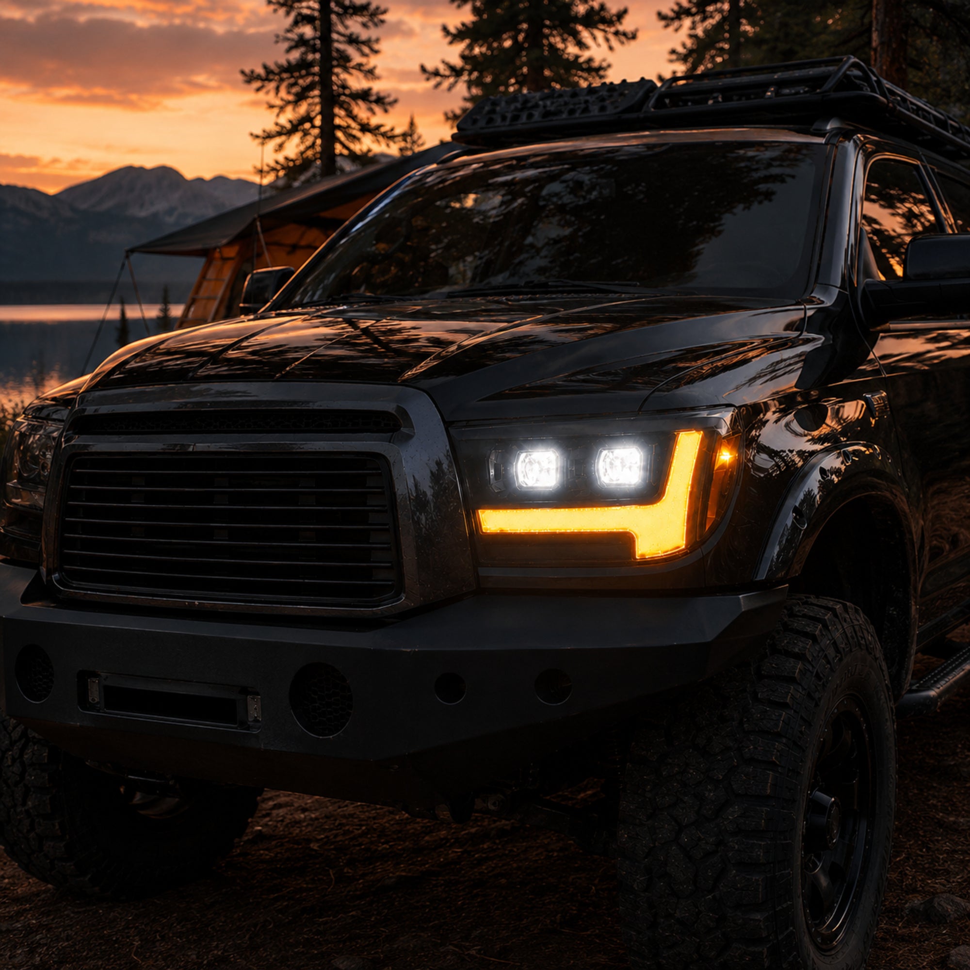 2007-2013 Toyota Tundra LED Dual Projector Headlights — black housing amber drlscene02 — H-TUN07