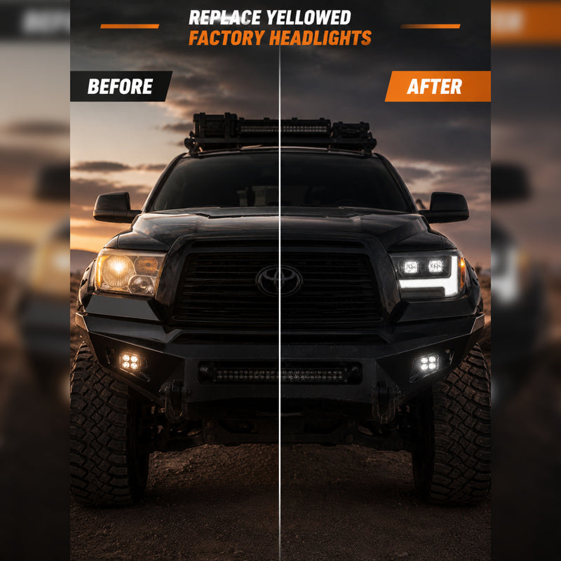 2007-2013 Toyota Tundra LED Dual Projector Headlights — black housing before after front end — H-TUN07