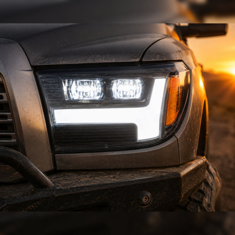 2007-2013 Toyota Tundra LED Dual Projector Headlights — black housing close detail dusk — H-TUN07