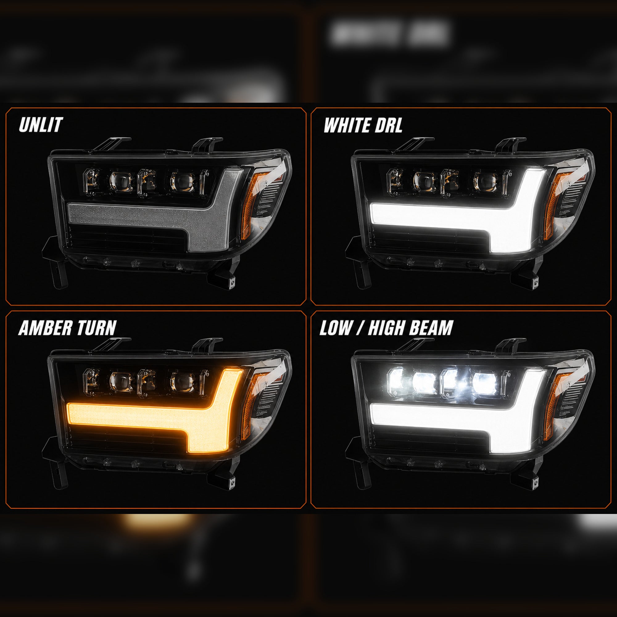 2007-2013 Toyota Tundra LED Dual Projector Headlights — black housing drlturn signal function — H-TUN07