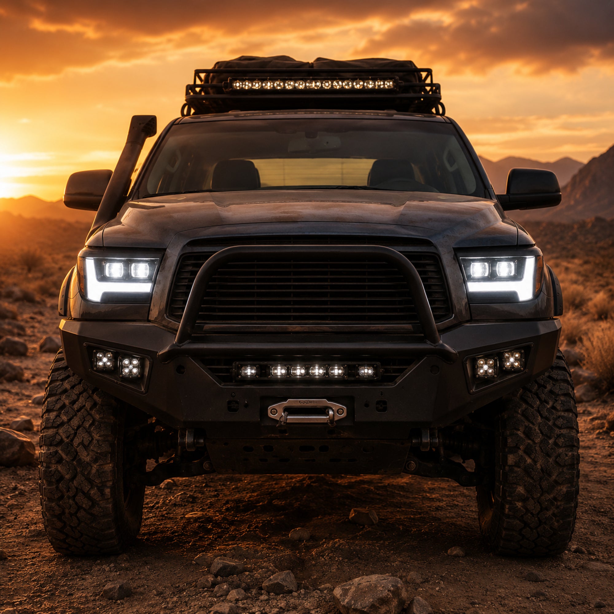 2007-2013 Toyota Tundra LED Dual Projector Headlights — black housing white drlscene05 — H-TUN07