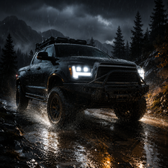 2007-2013 Toyota Tundra LED Dual Projector Headlights — black housing rain night driving scene — H-TUN07