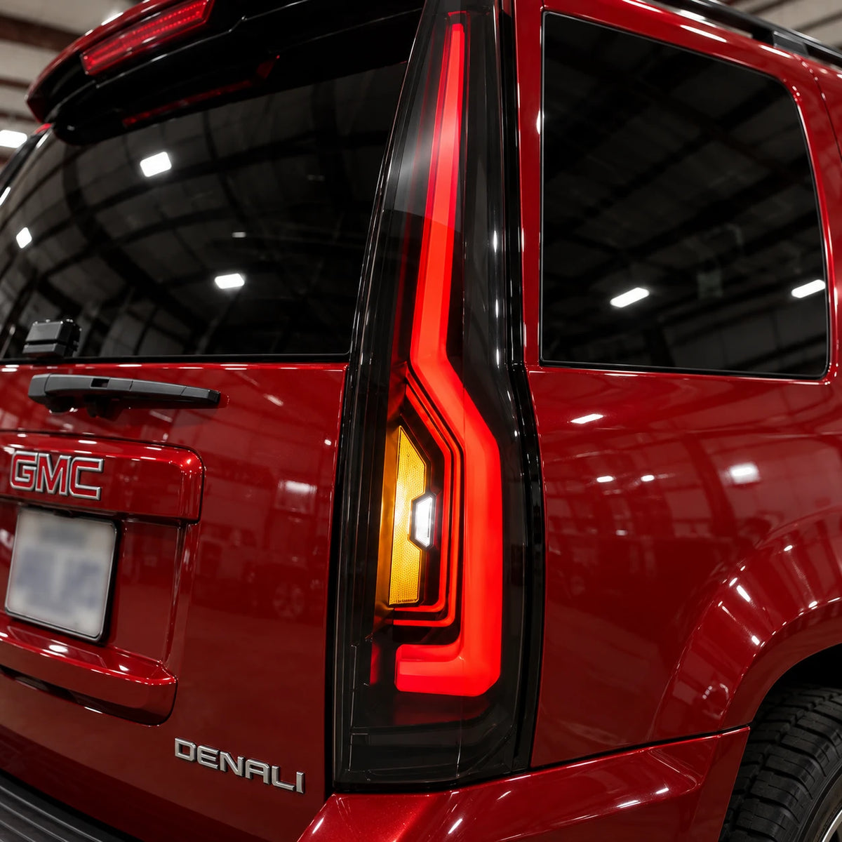 2007-2014 GMC Yukon & Cadillac Escalade LED Tail Lights Assembly — all lighting functions close-up on vehicle — T-YUK07-SR