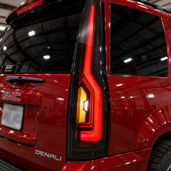 2007-2014 GMC Yukon & Cadillac Escalade LED Tail Lights Assembly — all lighting functions close-up on vehicle — T-YUK07-SR