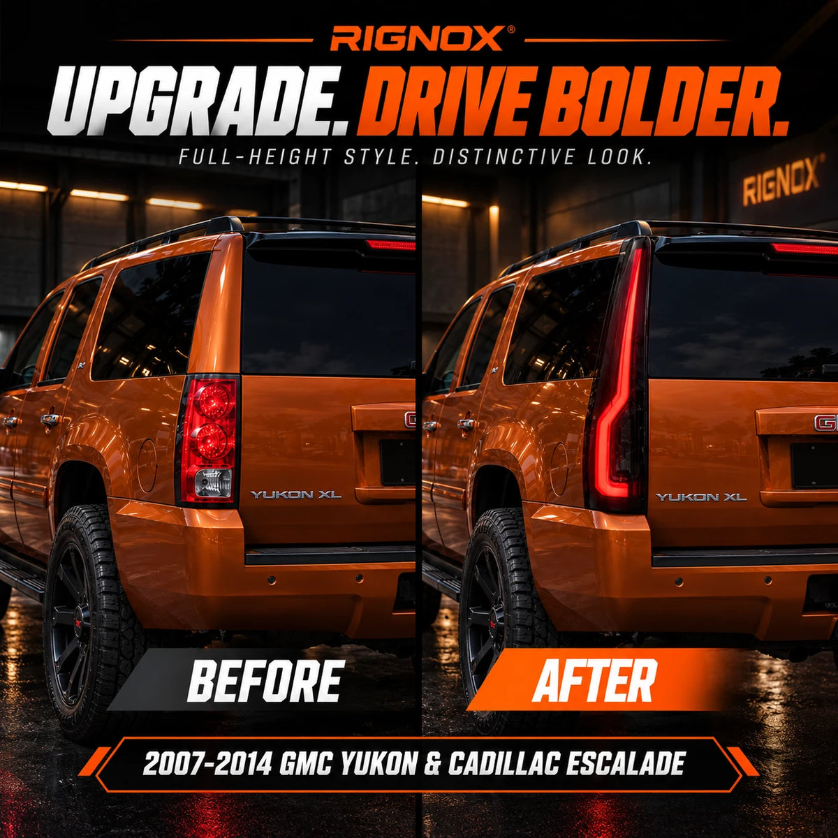 2007-2014 GMC Yukon & Cadillac Escalade LED Tail Lights Assembly — stock vs RIGNOX before and after comparison — T-YUK07-SR