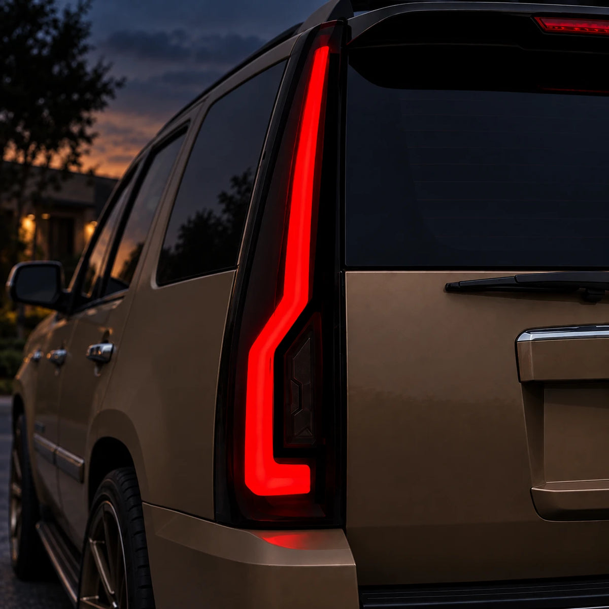 2007-2014 GMC Yukon & Cadillac Escalade LED Tail Lights Assembly — illuminated close-up on vehicle — T-YUK07-SR