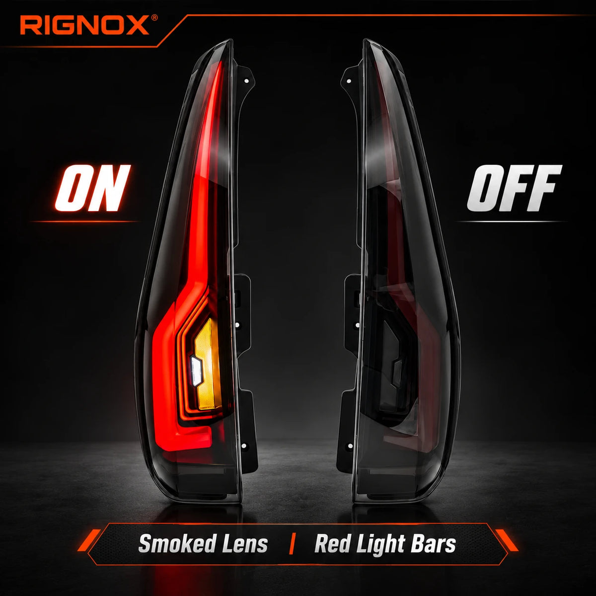 2007-2014 GMC Yukon & Cadillac Escalade LED Tail Lights Assembly — smoked lens red light bars on and off comparison — T-YUK07-SR