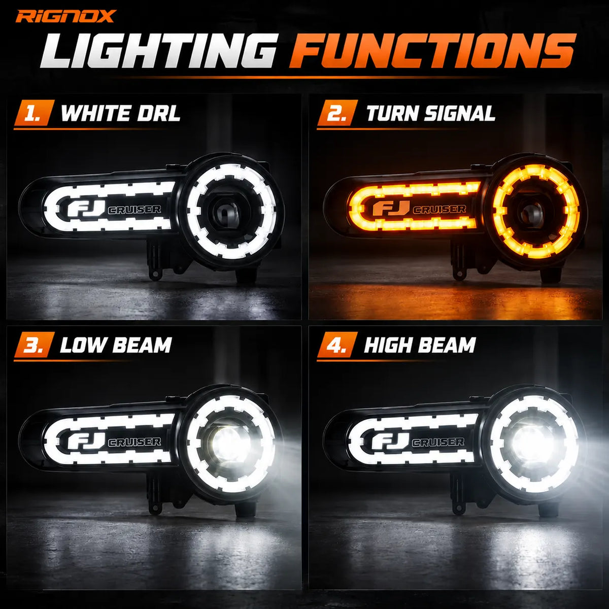 2007-2014 Toyota FJ Cruiser LED Projector Headlights Assembly — Pair — Lighting Functions — H-FJ07-SB