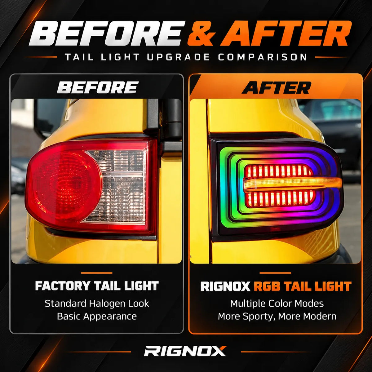 2007-2014 Toyota FJ Cruiser Sequential LED Tail Lights Assembly — Pair (Halo - Smoked RGB) — Factory vs RIGNOX tail light comparison — T-FJ-HL-SRGB