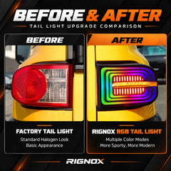 2007-2014 Toyota FJ Cruiser Sequential LED Tail Lights Assembly — Pair (Halo - Smoked RGB) — Factory vs RIGNOX tail light comparison — T-FJ-HL-SRGB