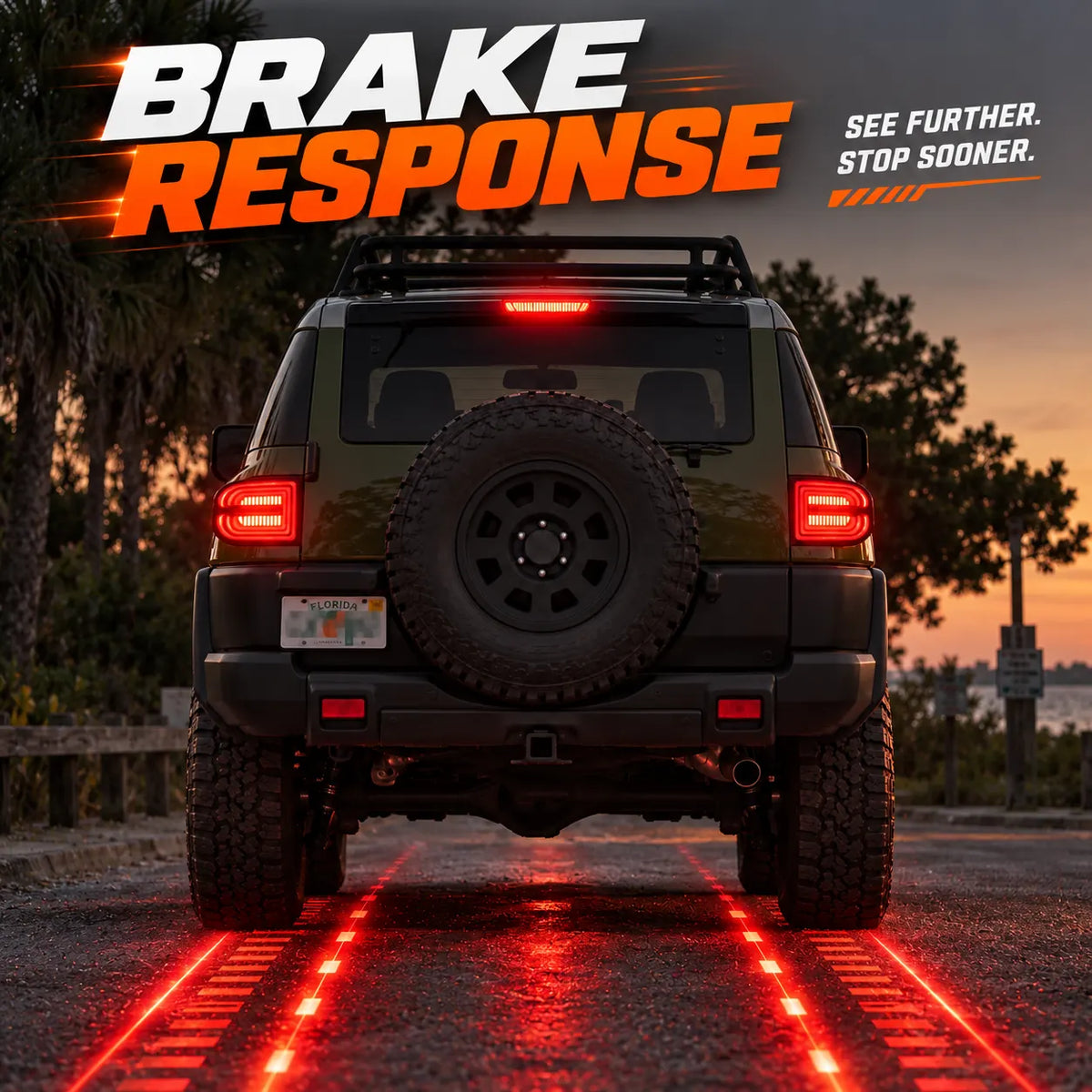 2007-2014 Toyota FJ Cruiser Sequential LED Tail Lights Assembly — Pair (Halo - Smoked RGB) — Brake response rear vehicle view — T-FJ-HL-SRGB