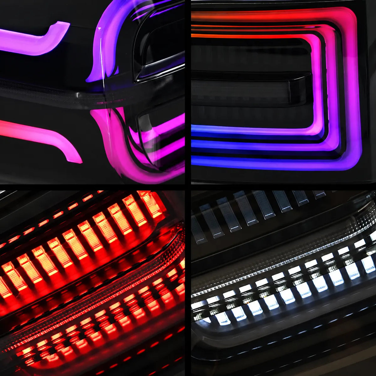 2007-2014 Toyota FJ Cruiser Sequential LED Tail Lights Assembly — Pair (Halo - Smoked RGB) — RGB illuminated detail close-ups — T-FJ-HL-SRGB