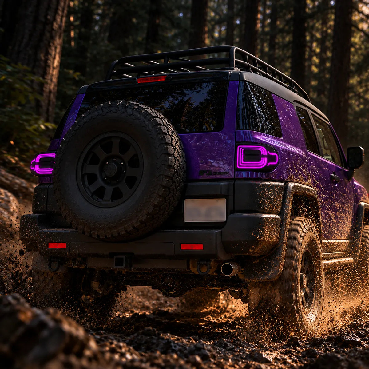 2007-2014 Toyota FJ Cruiser Sequential LED Tail Lights Assembly — Pair (Halo - Smoked RGB) — Purple lighting forest off-road scene — T-FJ-HL-SRGB
