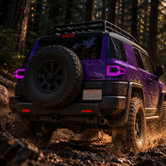 2007-2014 Toyota FJ Cruiser Sequential LED Tail Lights Assembly — Pair (Halo - Smoked RGB) — Purple lighting forest off-road scene — T-FJ-HL-SRGB