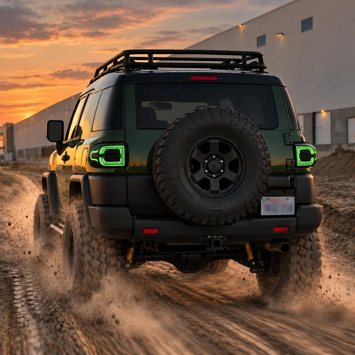 2007-2014 Toyota FJ Cruiser Sequential LED Tail Lights Assembly — Pair (Halo - Smoked RGB) — Green lighting sunset off-road scene — T-FJ-HL-SRGB
