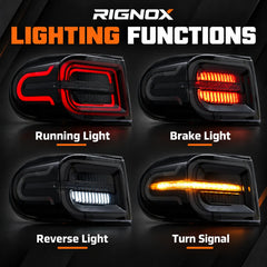 2007-2014 Toyota FJ Cruiser Sequential LED Tail Lights Assembly — Pair (Halo - Smoked RGB) — Running brake reverse and turn functions — T-FJ-HL-SRGB