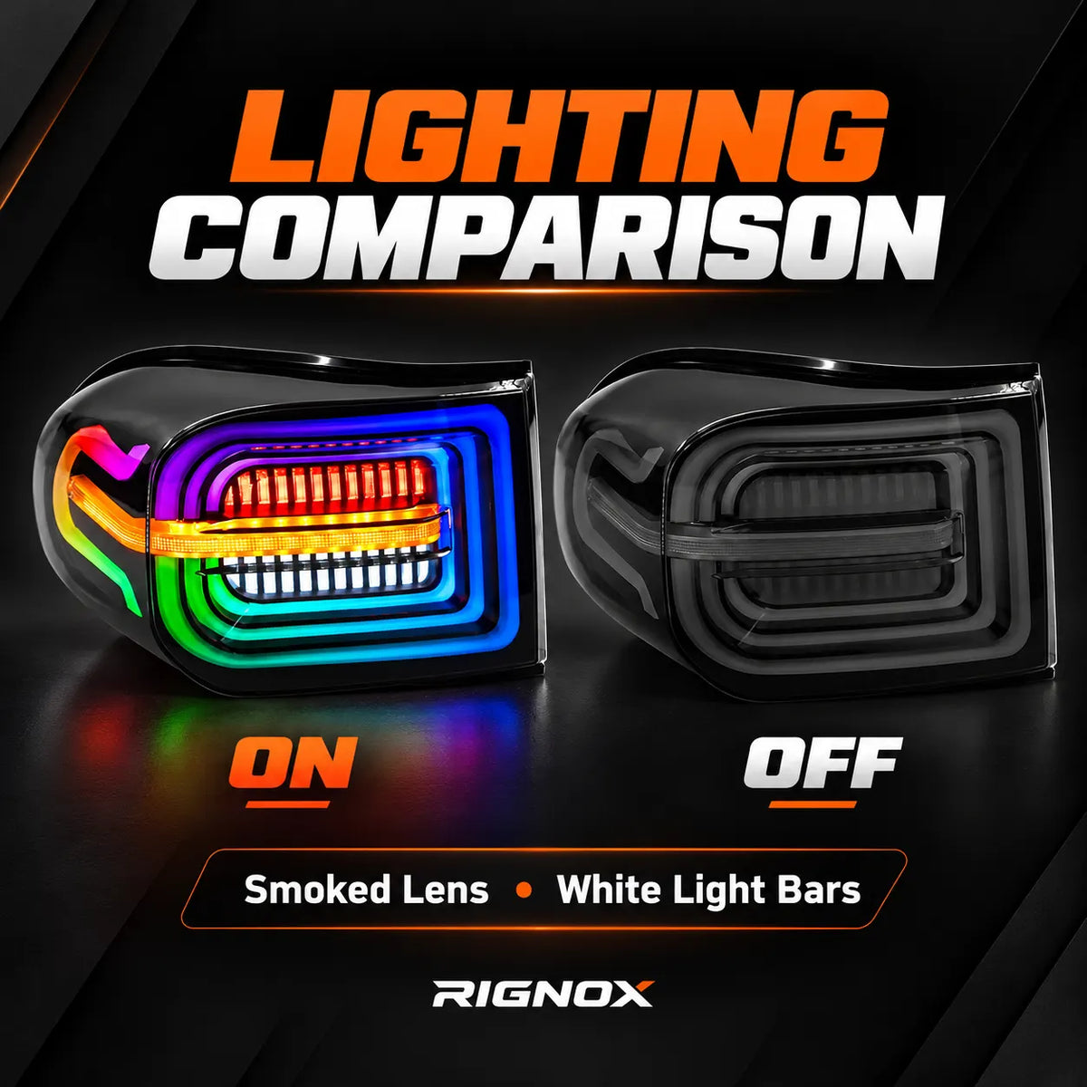 2007-2014 Toyota FJ Cruiser Sequential LED Tail Lights Assembly — Pair (Halo - Smoked RGB) — RGB lighting on versus off — T-FJ-HL-SRGB