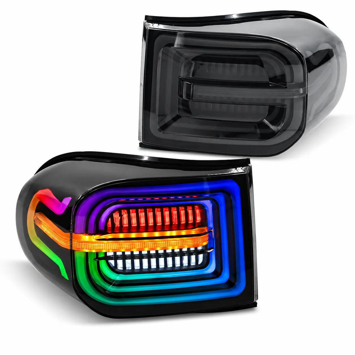 2007-2014 Toyota FJ Cruiser Sequential LED Tail Lights Assembly — Pair (Halo - Smoked RGB) — Pair of smoked RGB halo tail lights — T-FJ-HL-SRGB