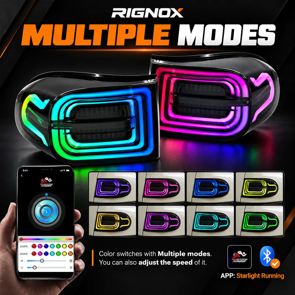 2007-2014 Toyota FJ Cruiser Sequential LED Tail Lights Assembly — Pair (Halo - Smoked RGB) — Multiple color modes and app control — T-FJ-HL-SRGB