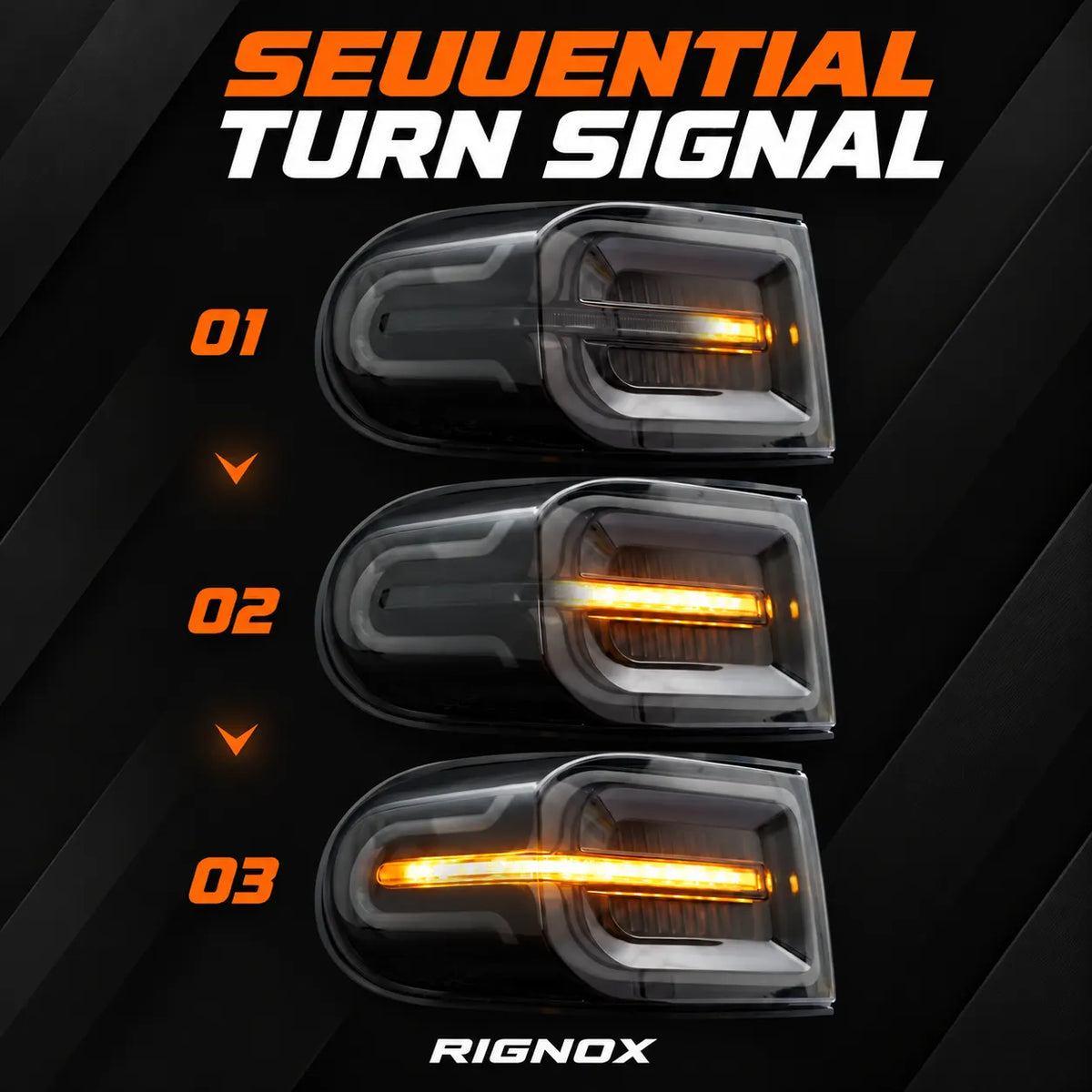 2007-2014 Toyota FJ Cruiser Sequential LED Tail Lights Assembly — Pair (Halo - Smoked RGB) — Amber sequential turn signal stages — T-FJ-HL-SRGB