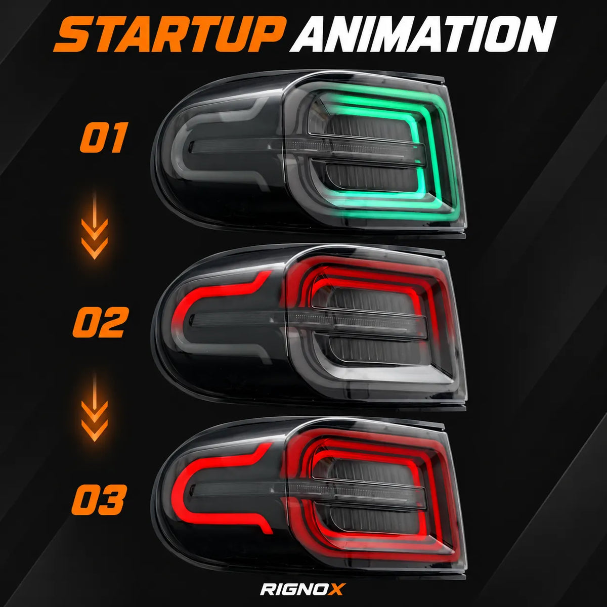 2007-2014 Toyota FJ Cruiser Sequential LED Tail Lights Assembly — Pair (Halo - Smoked RGB) — Startup animation lighting stages — T-FJ-HL-SRGB
