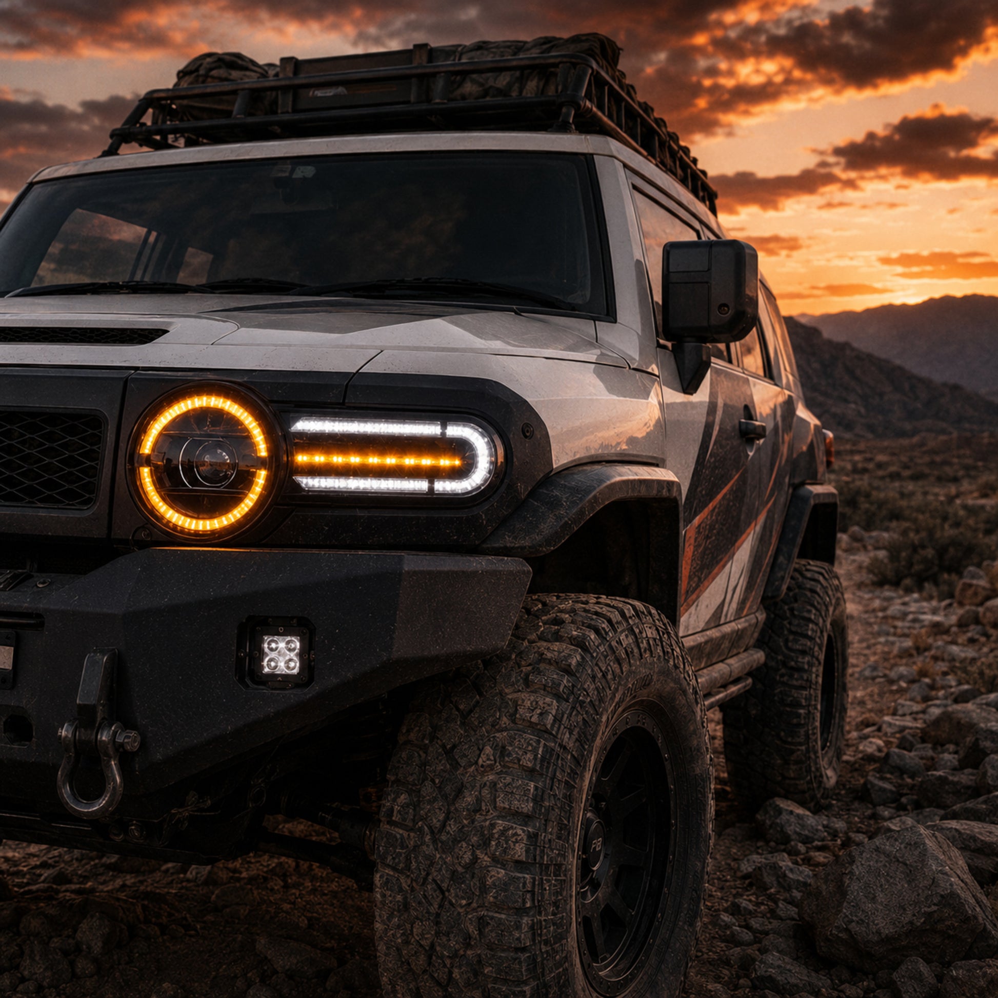 2007-2014 Toyota FJ Cruiser LED Projector Headlights — clear white drlamber turn signal amber turn signal dusk — H-FJ07