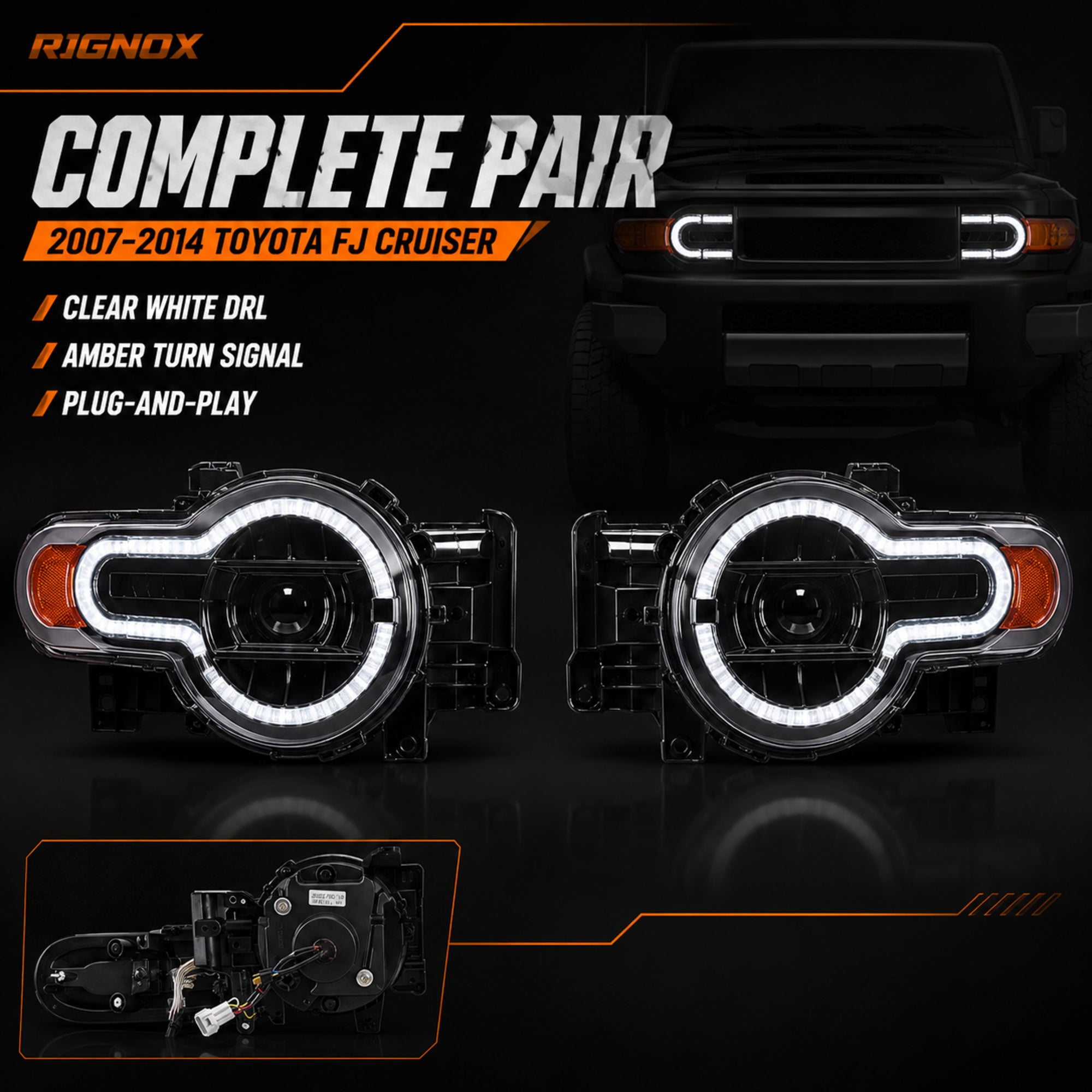 2007-2014 Toyota FJ Cruiser LED Projector Headlights — clear white drlamber turn signal complete pair fitment — H-FJ07
