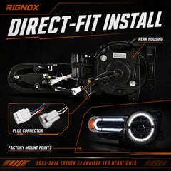 2007-2014 Toyota FJ Cruiser LED Projector Headlights — clear white drlamber turn signal direct fit rear plug — H-FJ07