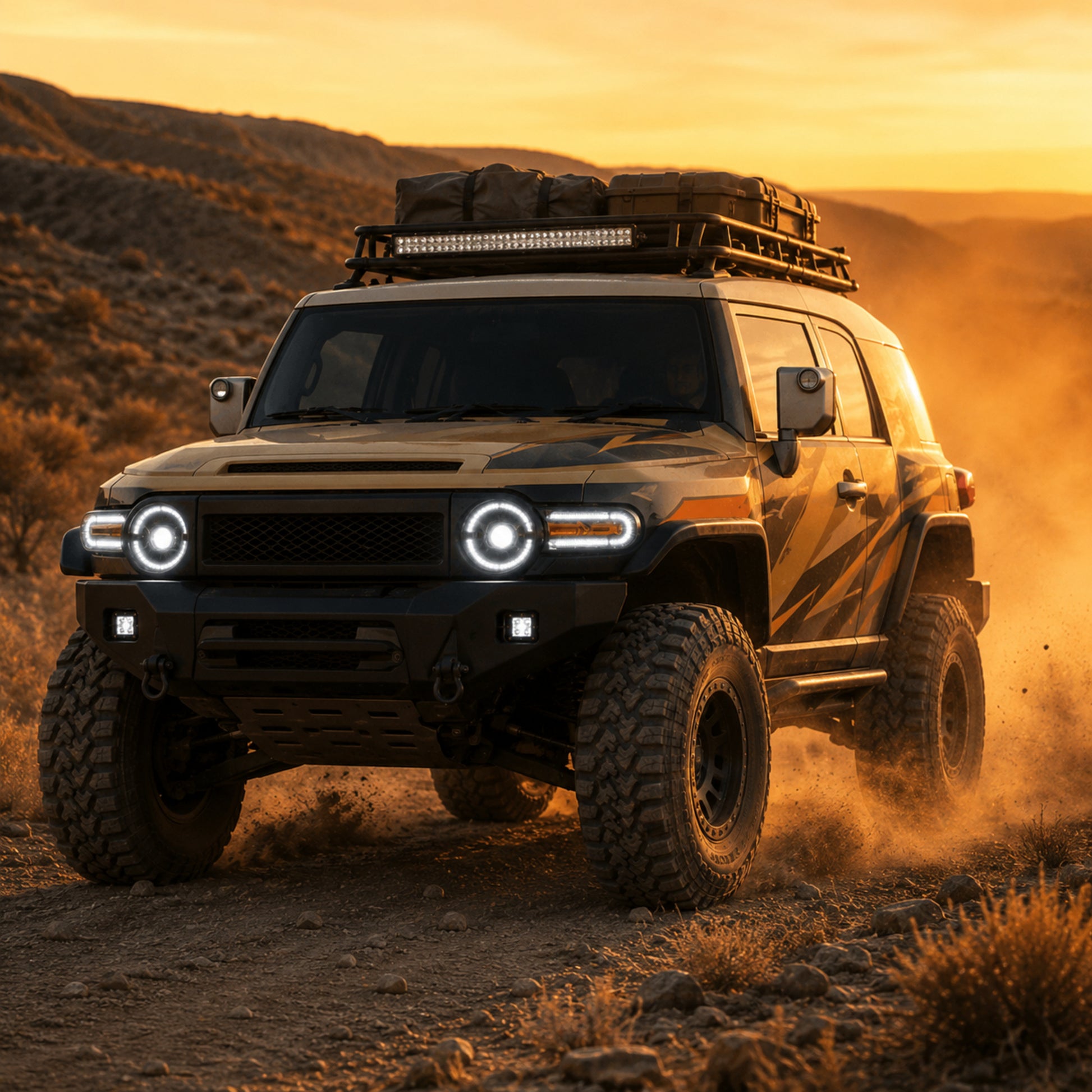 2007-2014 Toyota FJ Cruiser LED Projector Headlights — clear white drlamber turn signal dust off road — H-FJ07