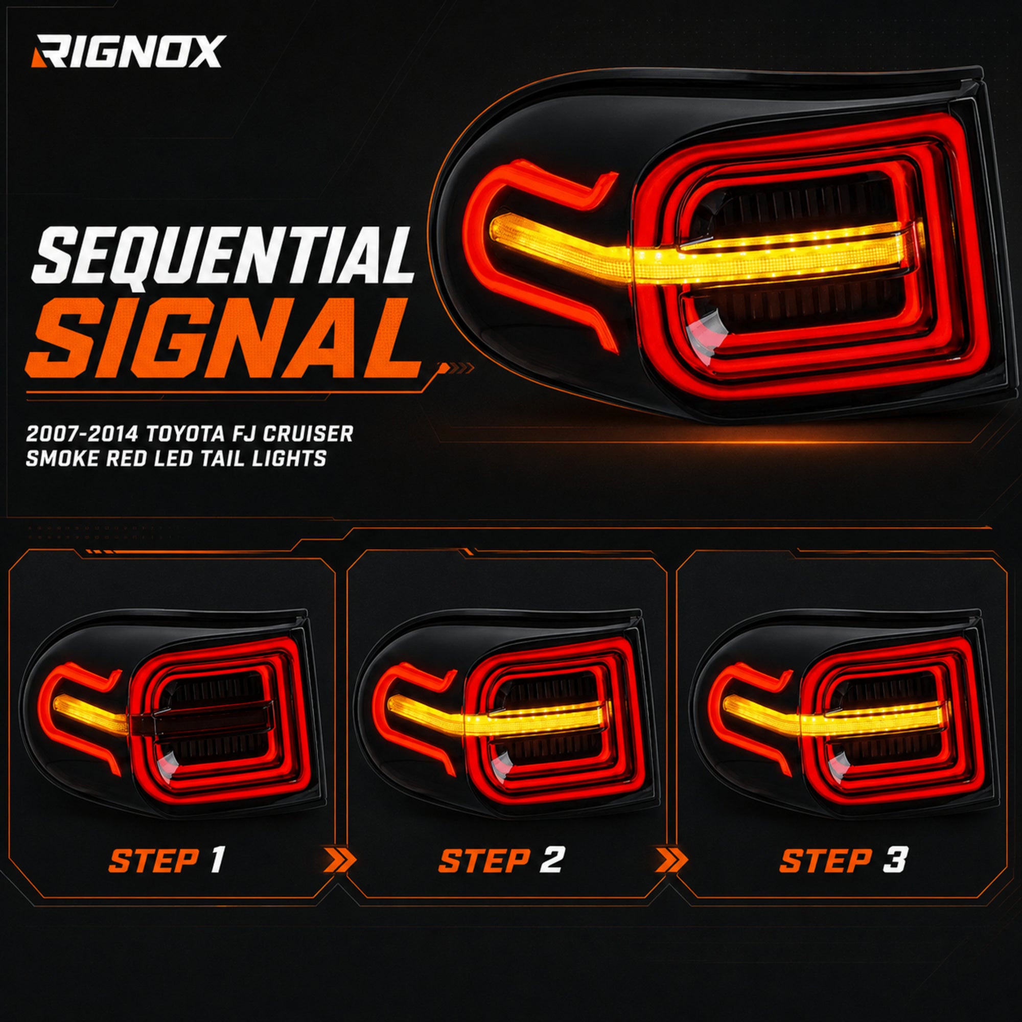 2007-2014 Toyota FJ Cruiser Sequential LED Tail Lights — smoke red function sequential turn signal — T-FJ