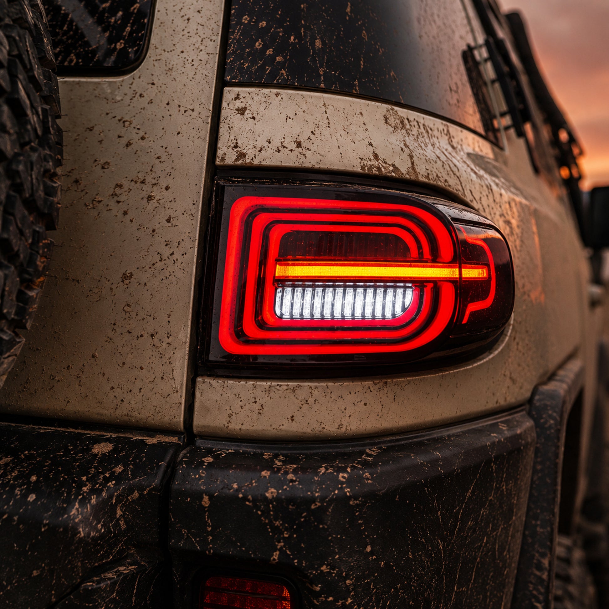 2007-2014 Toyota FJ Cruiser Sequential LED Tail Lights — smoke red scene close up light signature — T-FJ