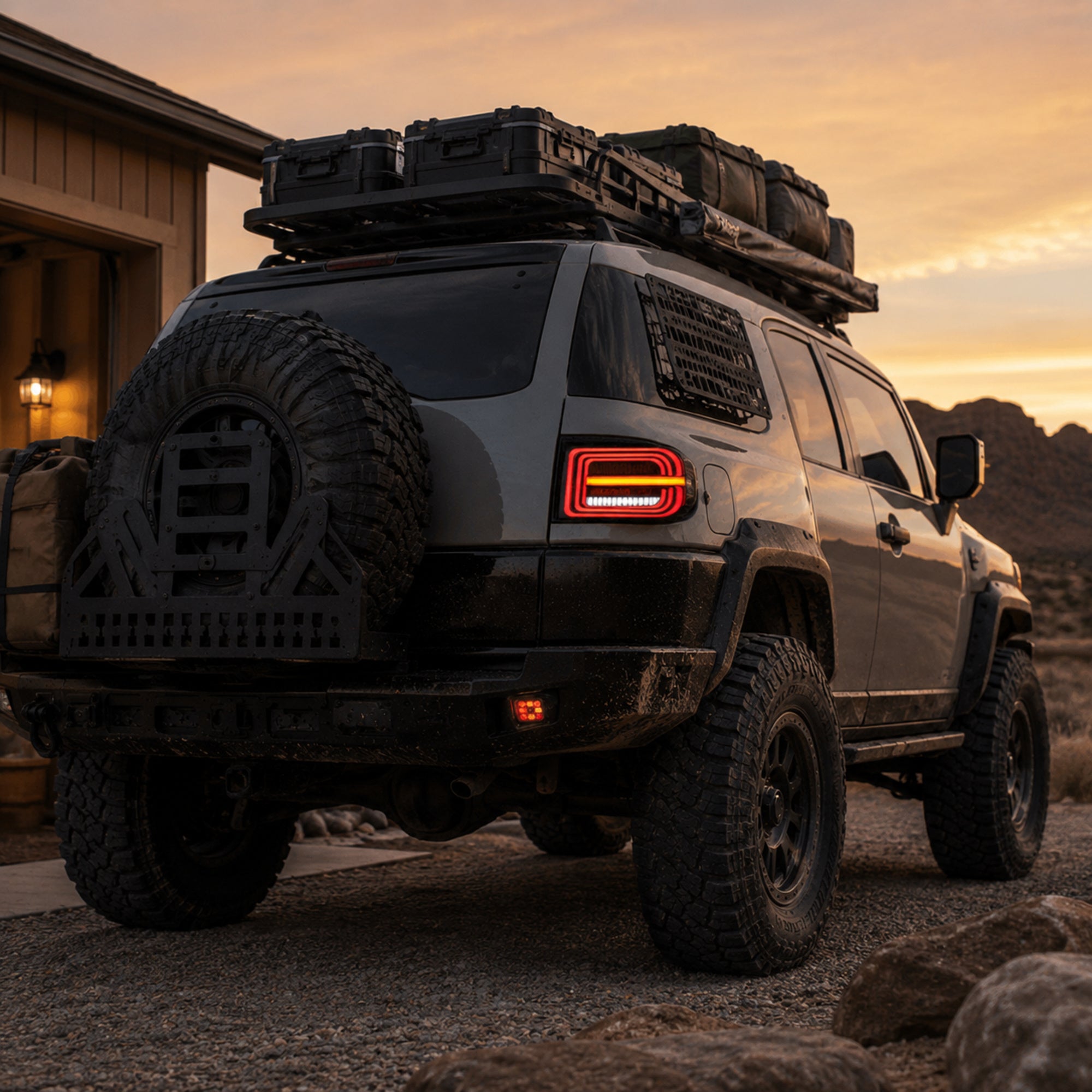 2007-2014 Toyota FJ Cruiser Sequential LED Tail Lights — smoke red scene driveway trail ready — T-FJ