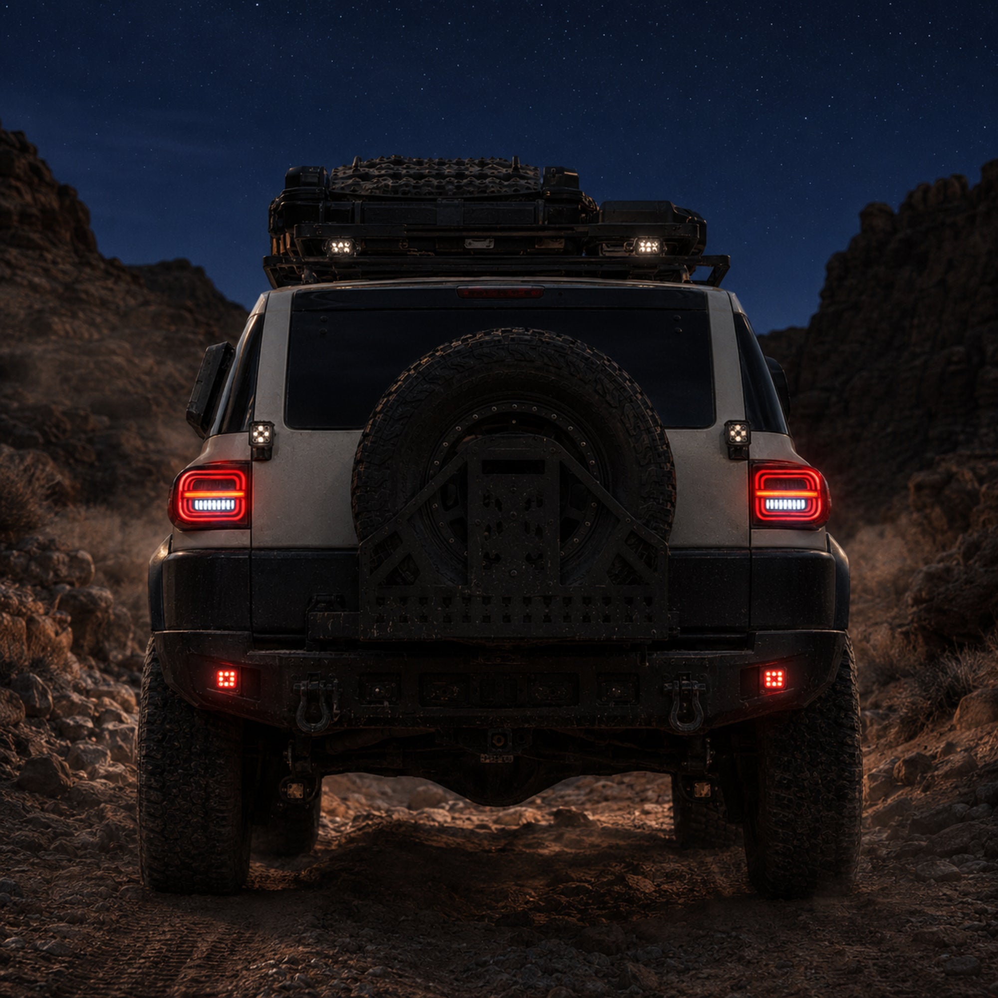 2007-2014 Toyota FJ Cruiser Sequential LED Tail Lights — smoke red scene night rear view — T-FJ
