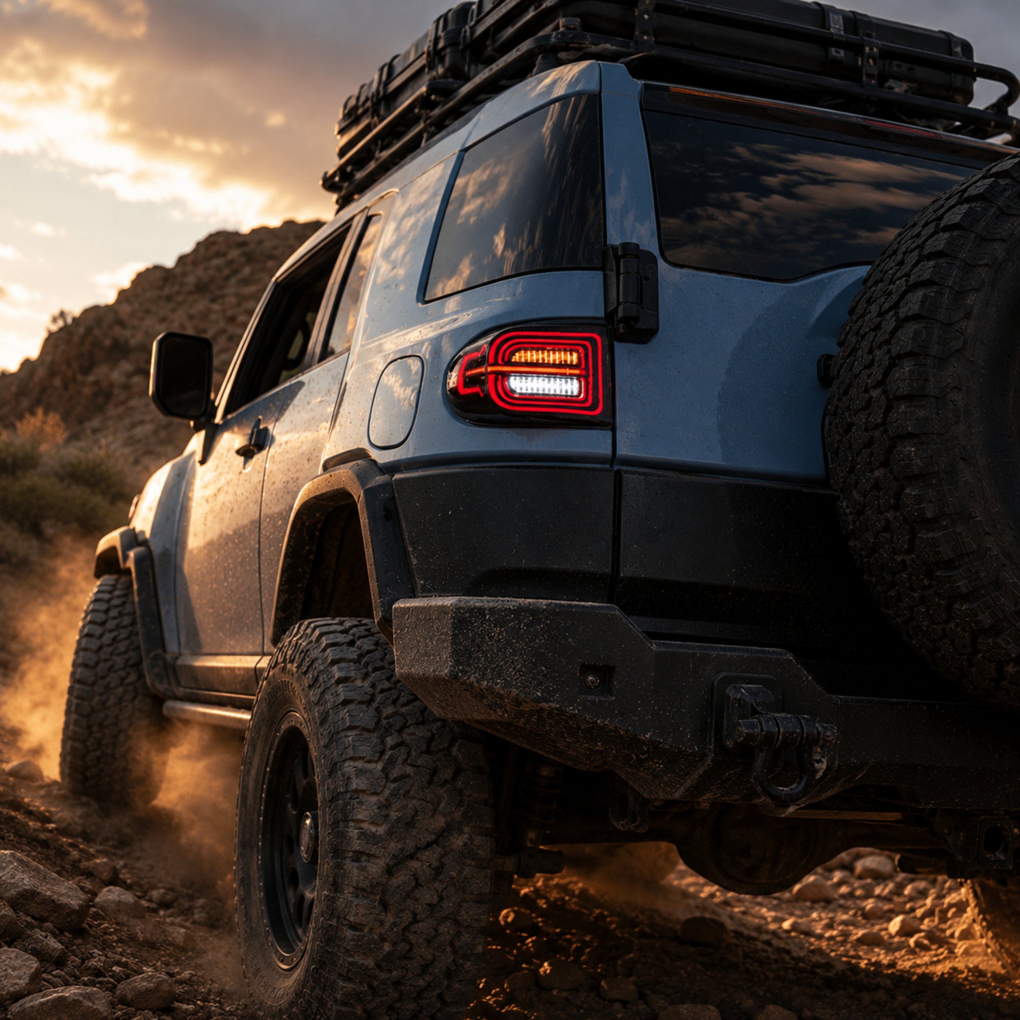 2007-2014 Toyota FJ Cruiser Sequential LED Tail Lights — smoke red scene trail low angle — T-FJ
