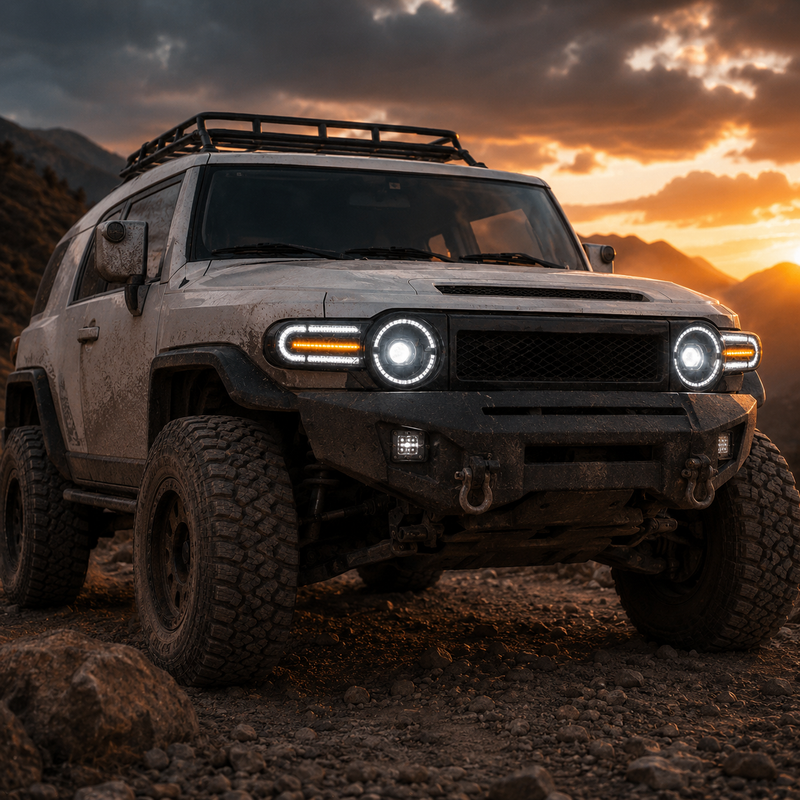 2007-2014 Toyota FJ Cruiser LED Projector Headlights — clear white DRL amber turn signal amber turn trail 45 — H-FJ07