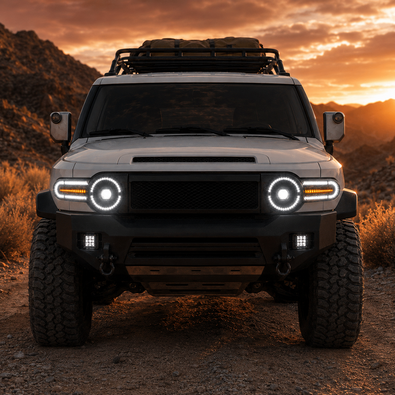 2007-2014 Toyota FJ Cruiser LED Projector Headlights — clear white DRL amber turn signal desert trail front — H-FJ07