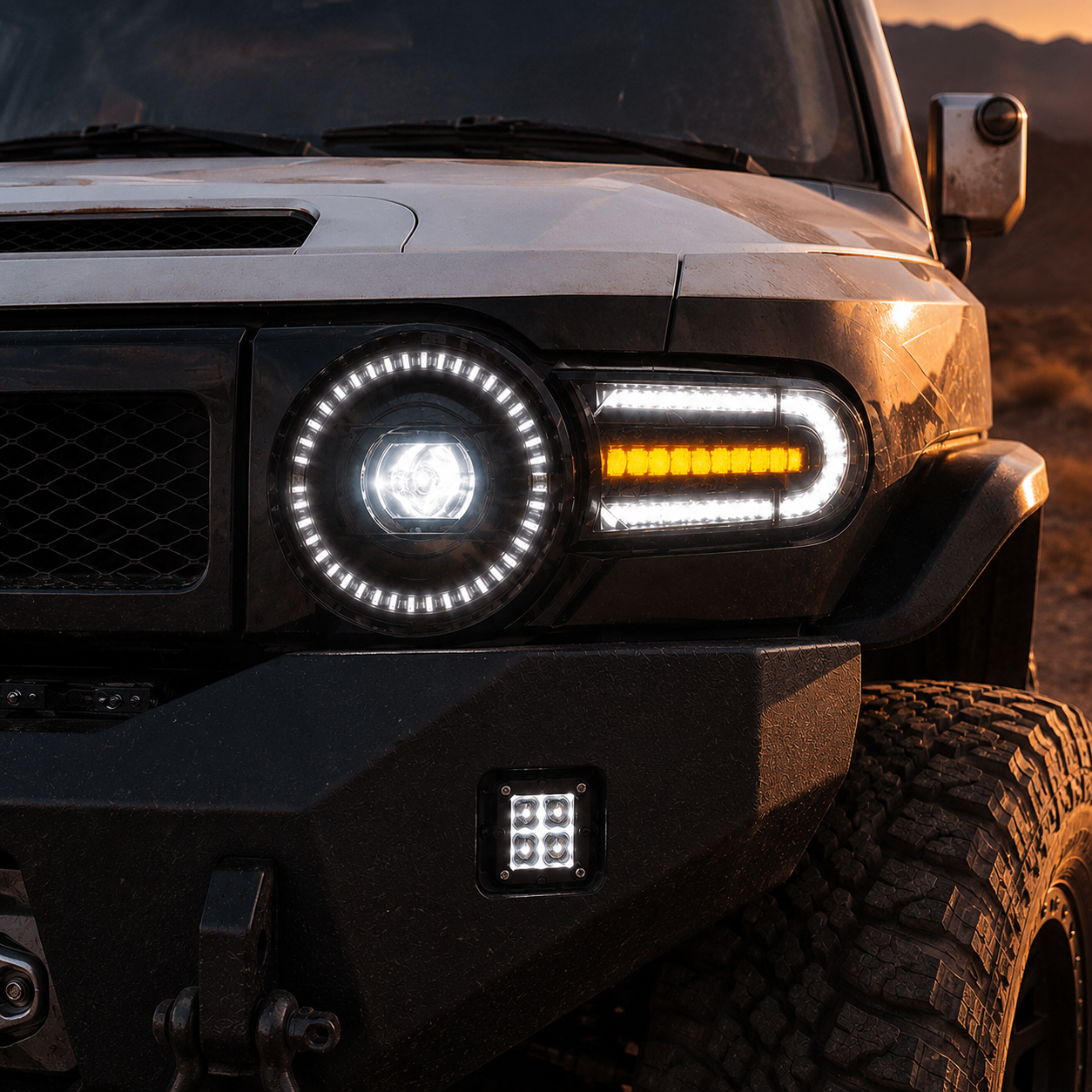 2007-2014 Toyota FJ Cruiser LED Projector Headlights — clear white DRL amber turn signal headlight close up dusk — H-FJ07
