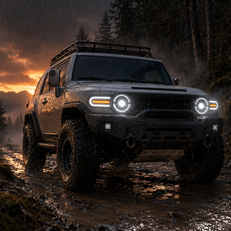 2007-2014 Toyota FJ Cruiser LED Projector Headlights — clear white DRL amber turn signal rain mud trail — H-FJ07